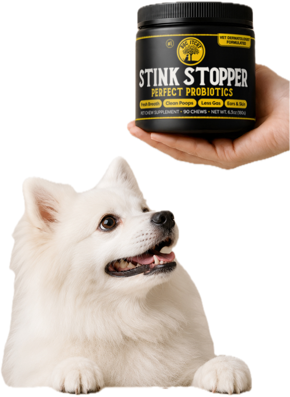White dog beside Doc Itchy Stink Stopper