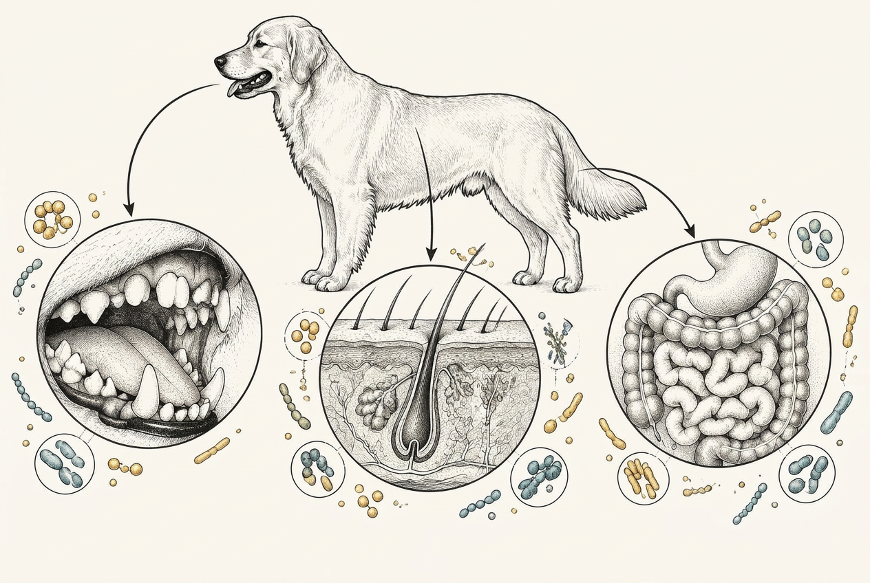 Hand-drawn study of the connected oral, skin and gut microbiomes